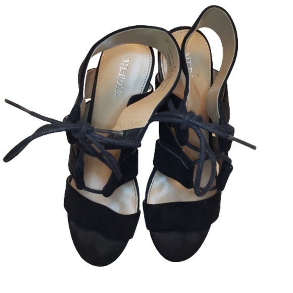 Merona Black Lace Up Open Toe Chunky Heels - Picture 4 of 10